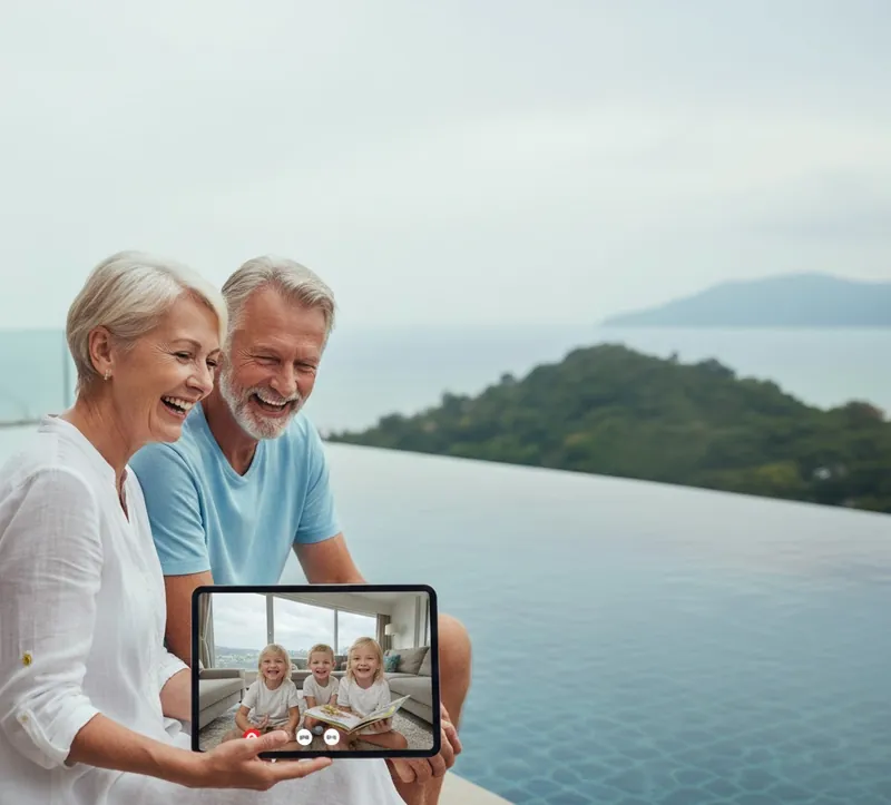 A retired couple laughing beside a pool overlooking the sea, holding up a tablet with their grandchildren on a video call